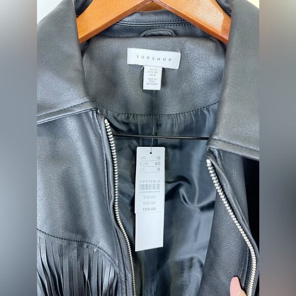 Topshop NWT Black Fringe Faux Leather Jacket Size 8 - Picture 5 of 11